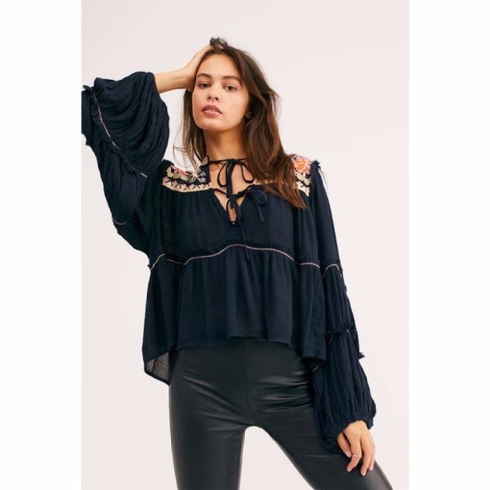 Free People In Vivid Color Embroidered Floral Top Blouse Boho Womens XL